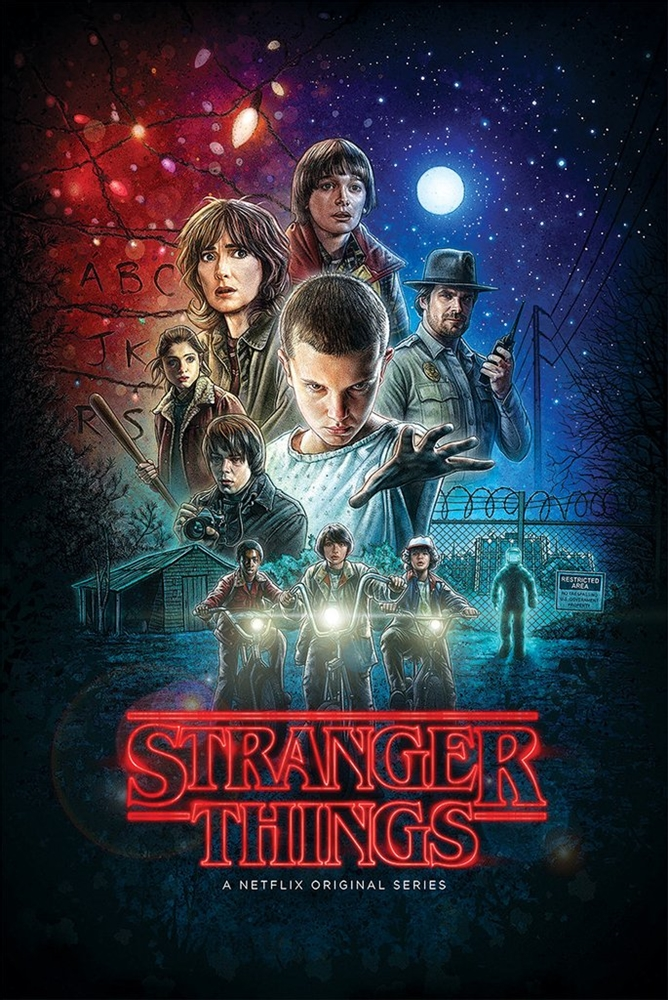 Stranger Things poster, with Joyce, Will, Hopper, Nancy, El, Jonathan, Lucas, Mike, Dustin, and a figure in a protective suit.